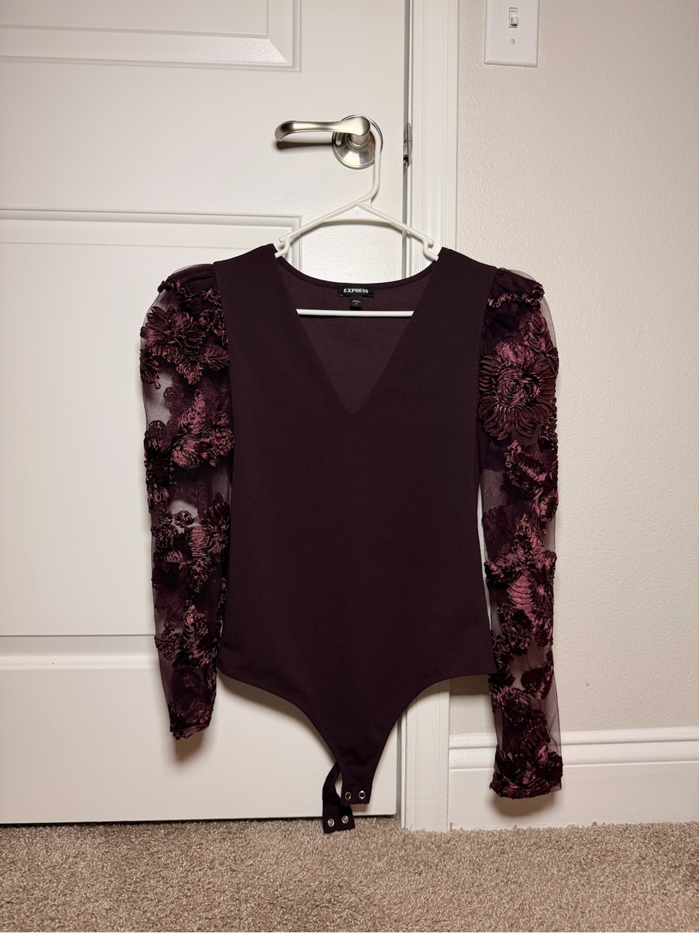 Express Plum V-Neck Bodysuit with Floral Mesh Sleeves